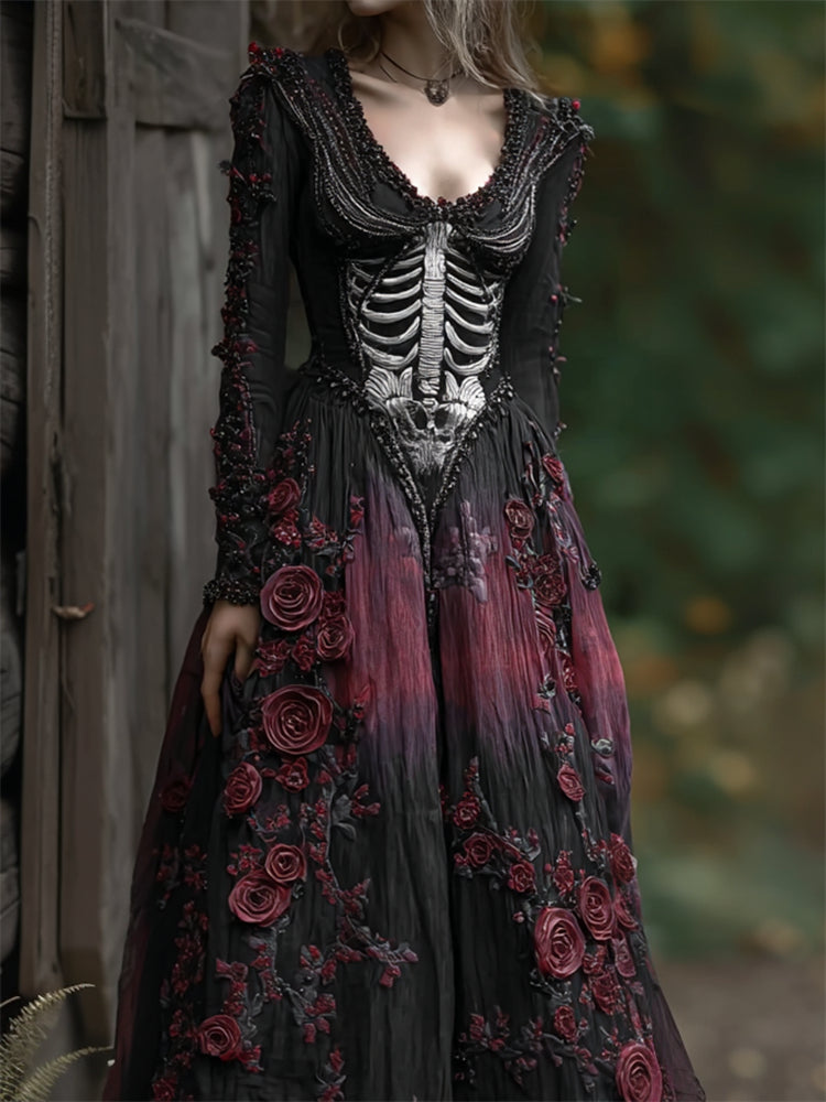 Vintage Skeleton Red Roses Gradient Flowy Linen Maxi Dress