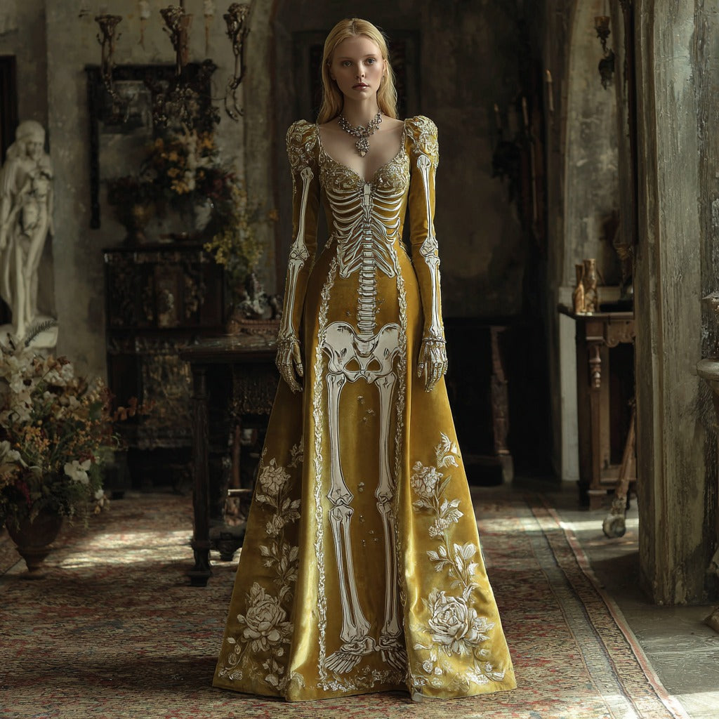 Women's Halloween Dark Gothic Rose Skull Velvet V-neck Maxi Dress