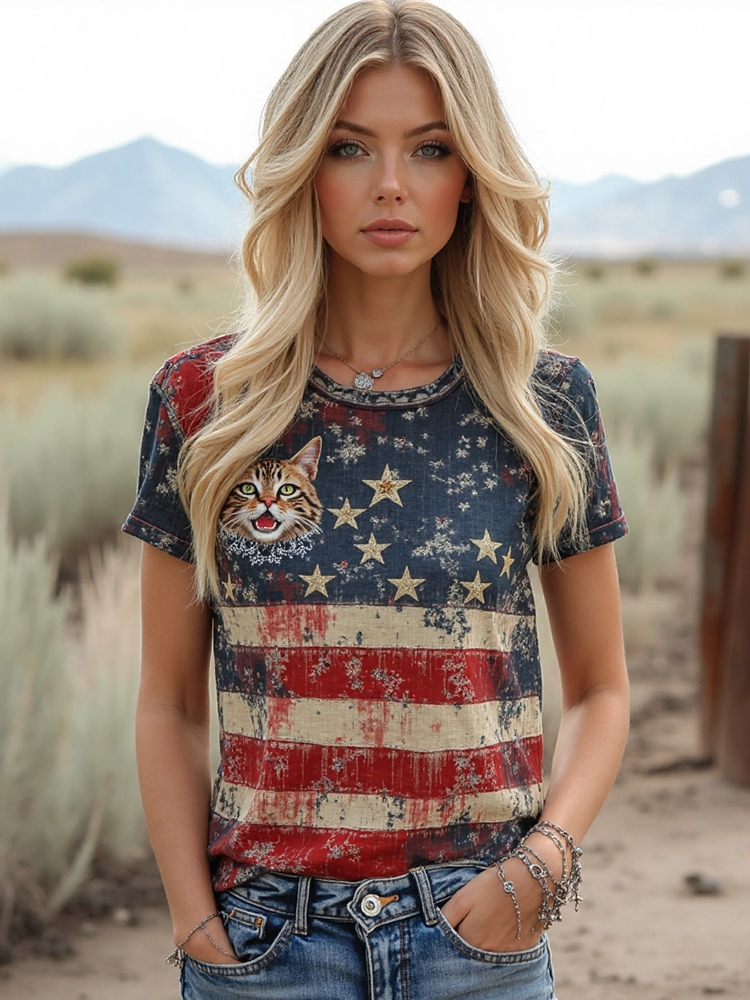 Women's Independence Day Flag Cute Cat Art T-shirt