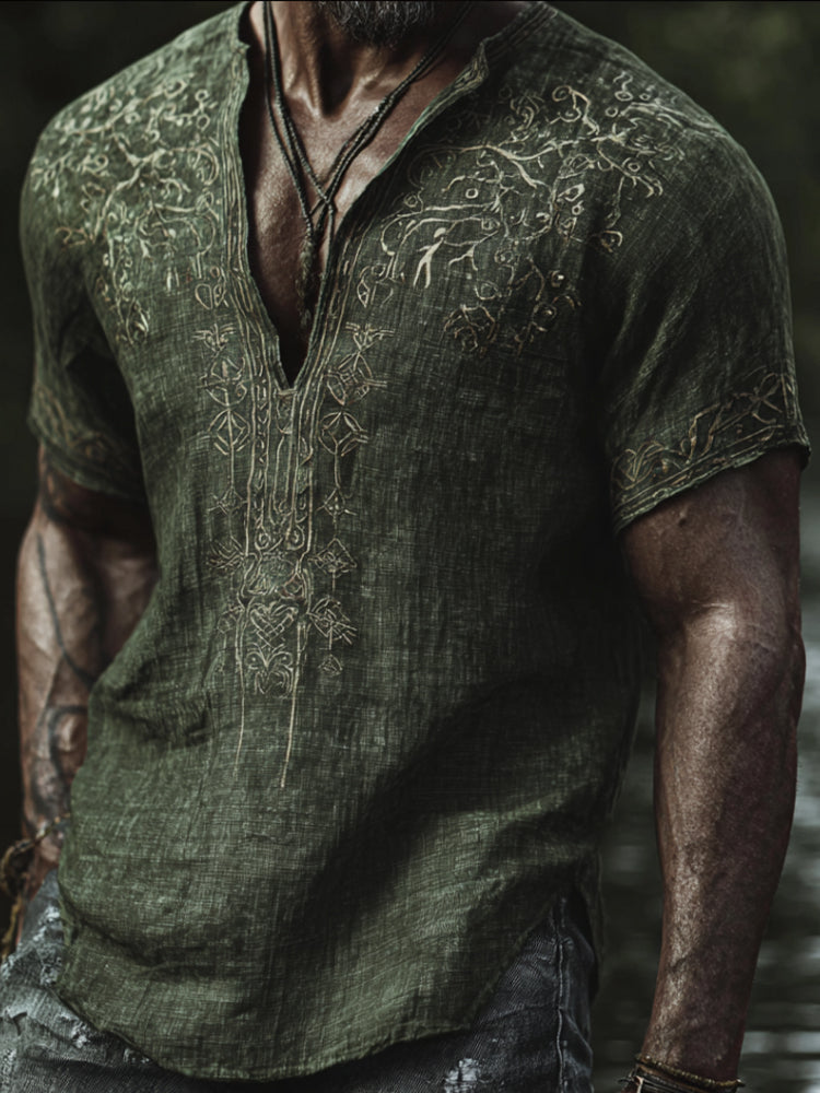 Viking Plant Embroidery Small V-neck Short-sleeved Shirt