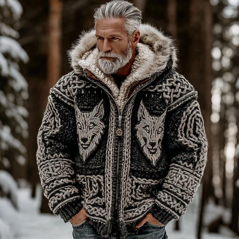 Men's Viking Wolf Celtic Knot Art Cozy Fur Collar Knit Hooded Sweater Jacket