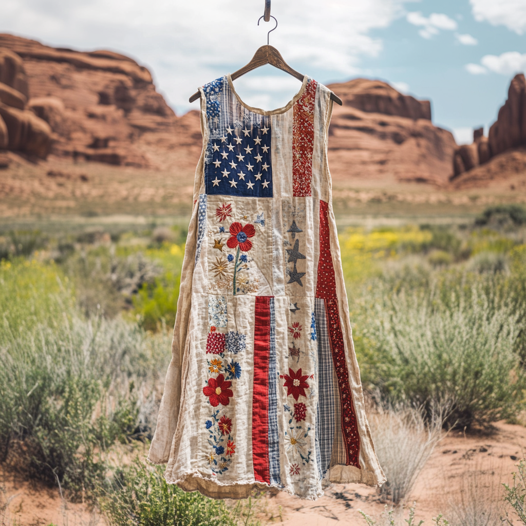 Vintage Independence Day American Flag Patch Floral & Paisley Art Linen Tank Dress