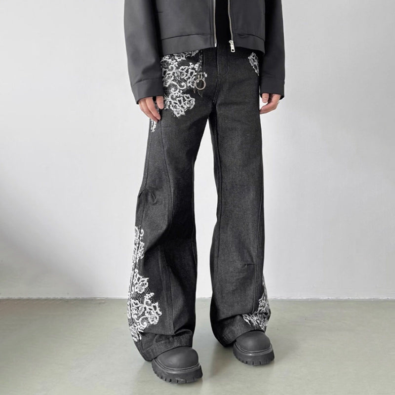 Vintage High-street Printed Lace Textured Straight-leg Flared Jeans