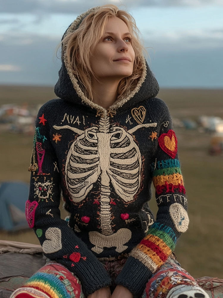 Halloween Skeleton Pattern Women's Knit Hooded Sweater