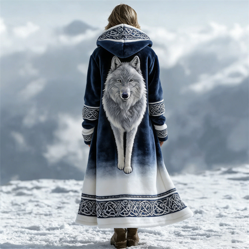 Viking Snow Wolf Celtic Knot Embroidered Flannel Soft Hooded Robe
