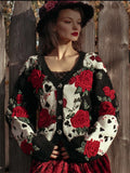 80s Retro Poker Inspired Red Roses Colorblock Cozy Knit Cardigan