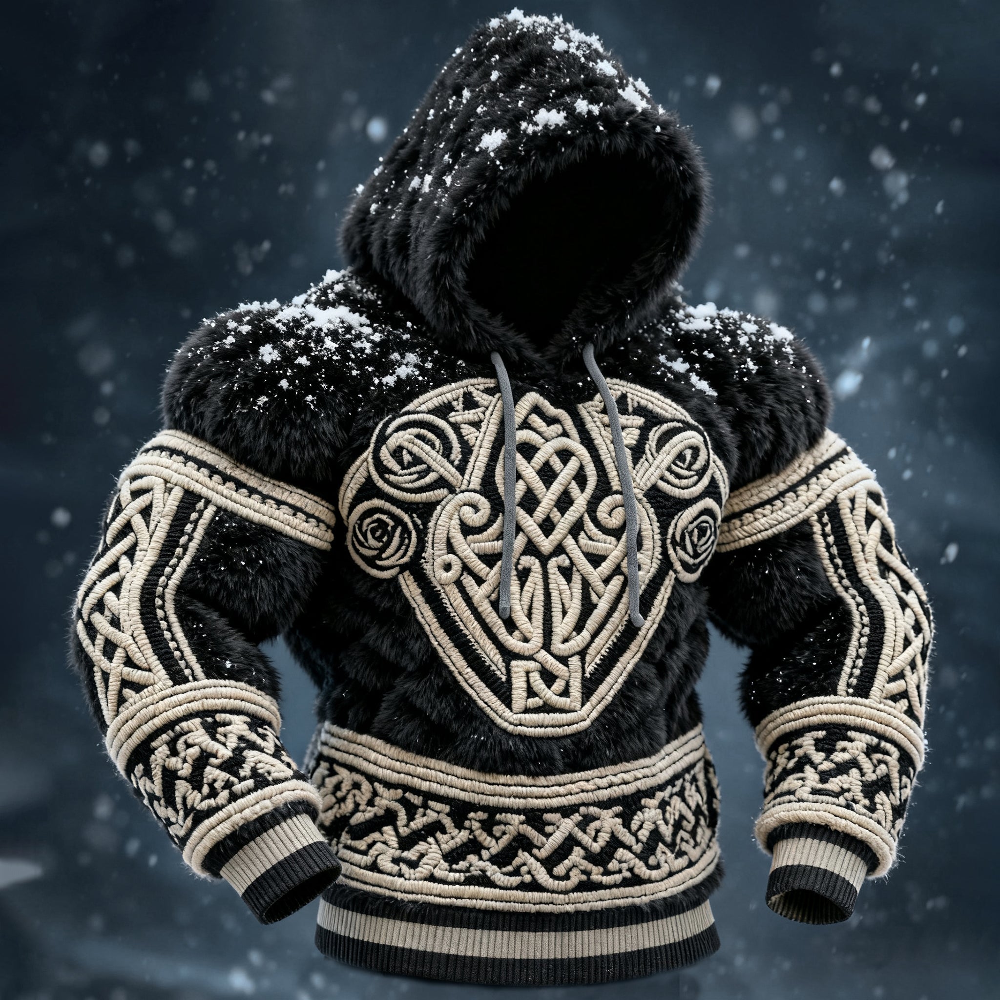 Men's Viking Tribal Jacquard Celtic Muscle Line Inspired Art Plush Warm Hoodie