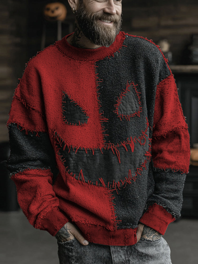Men's Halloween Spooky Face Colorblock Stitched Cozy Knit Sweater