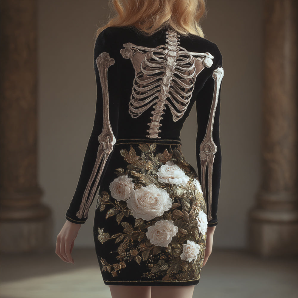 Women Halloween Human Anatomy Art Flower Round Neck Long Sleeve Skirt