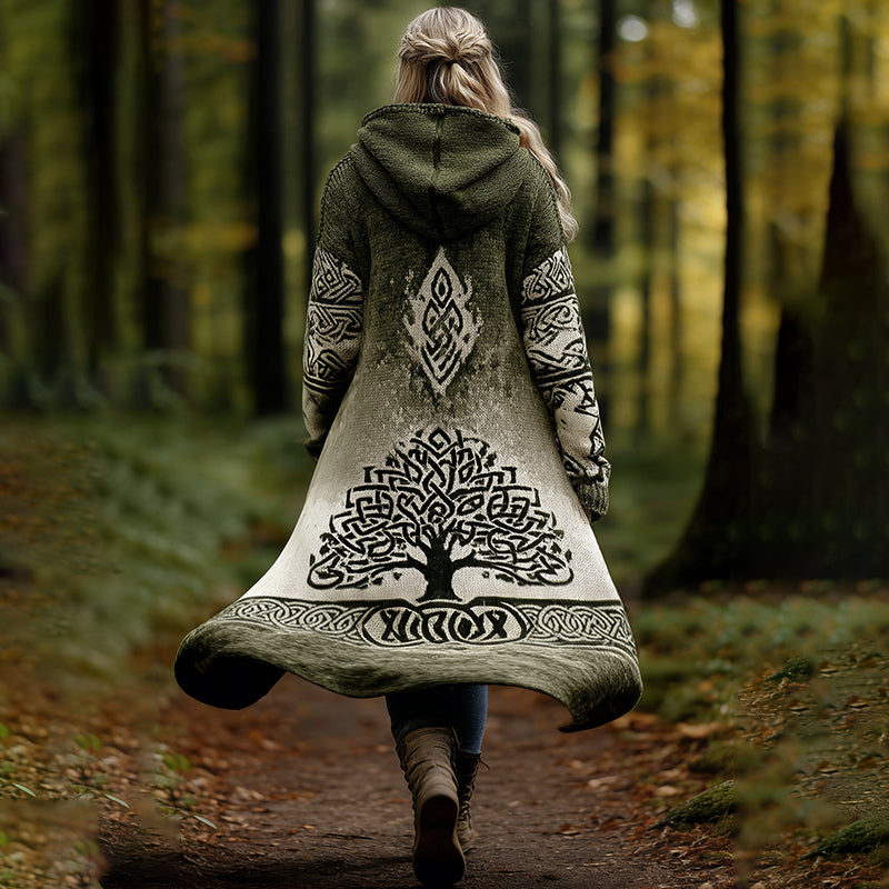 Vintage Celtic Tree Of Life Contrast Print Warm Buttoned Hooded Cardigan