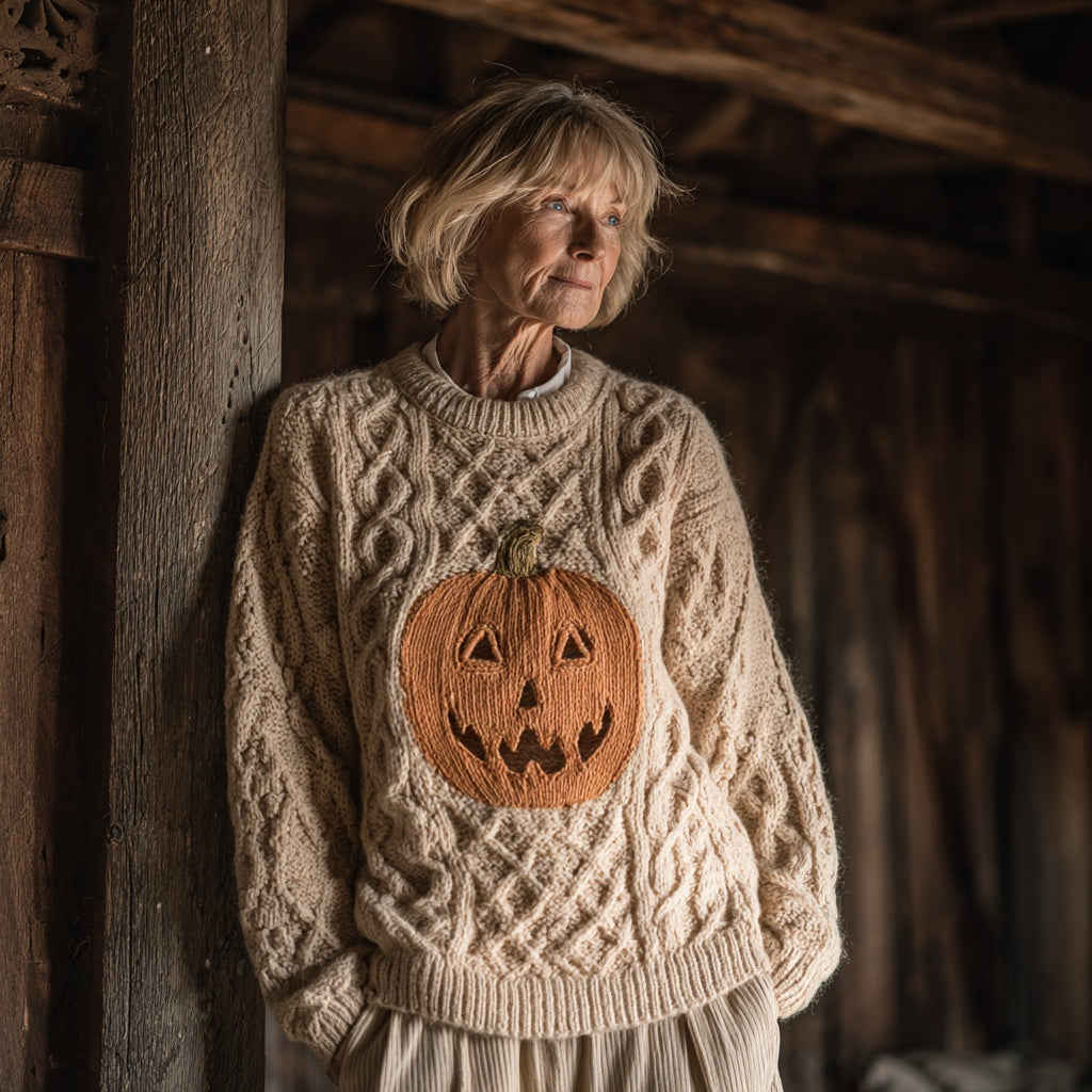 Vintage Halloween Pumpkin Embroidered Chunky Sweater
