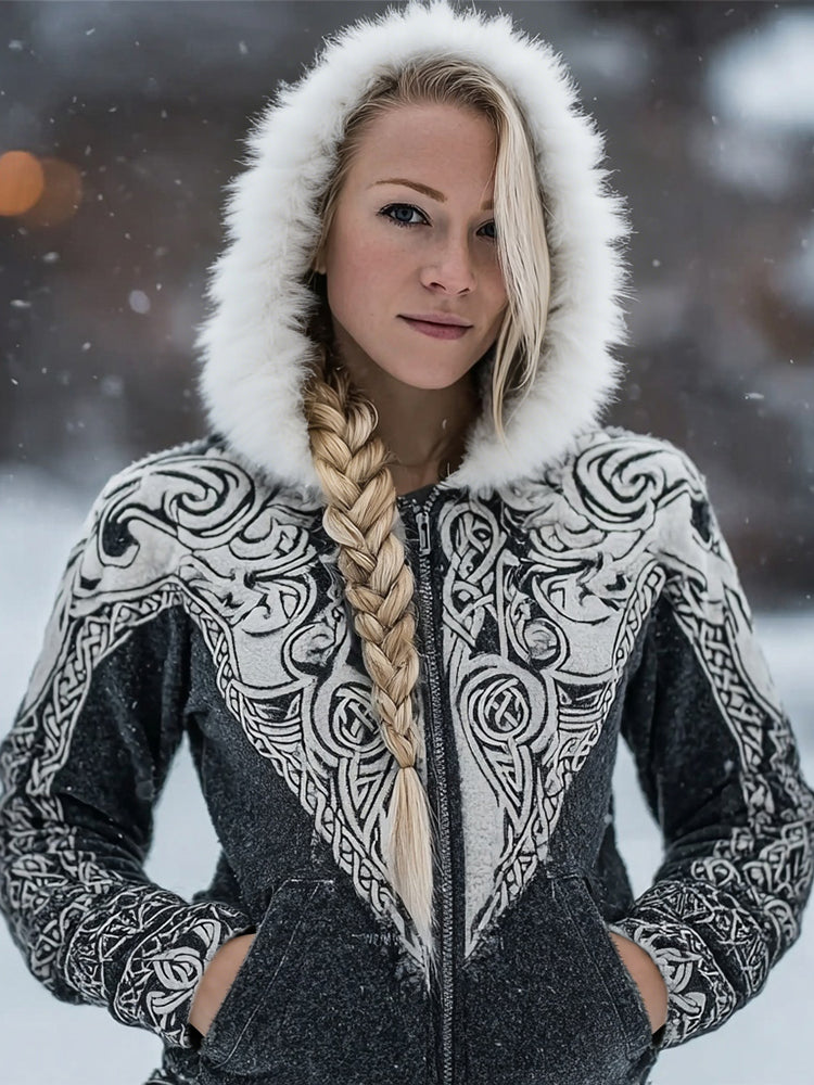 Vintage Celtic Knot Embroidered Fur Trim Full Zip Cozy Hoodie