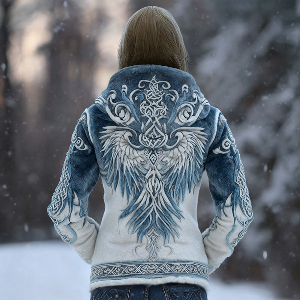 Viking Retro Angel Wings Celtic Knot Gradient Blue Flannel Hoodie