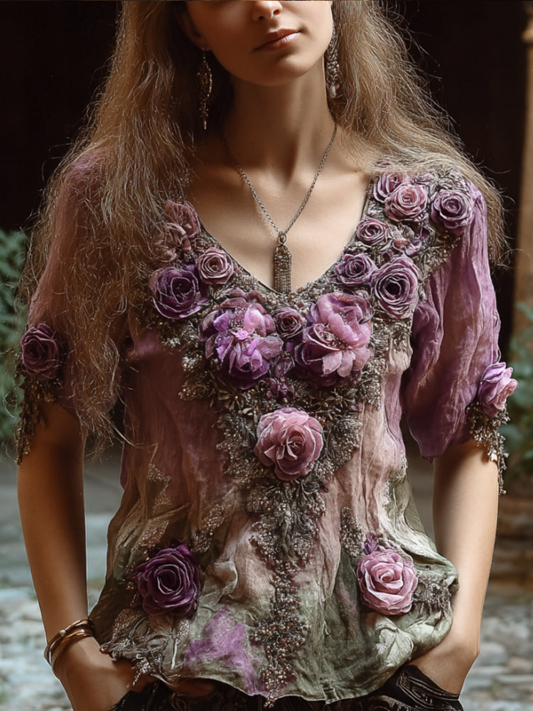 Ladies' Elegant Purple Embroidered Plant Flower Short-sleeved Casual Vintage Top