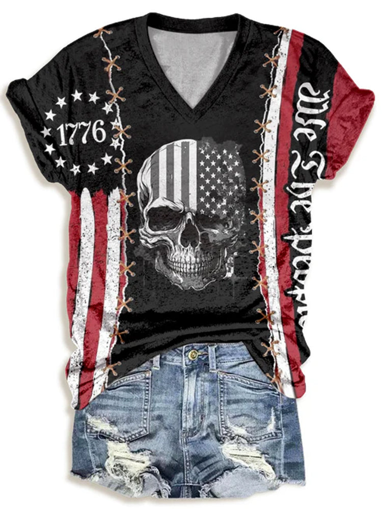 1776 American Flag Skull V-neck T-shirt