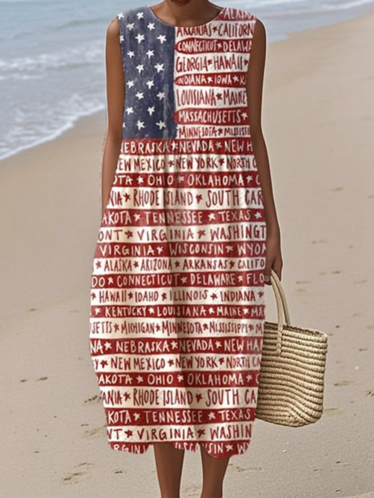 Women's Independence Day Printed Cotton Linen Dress