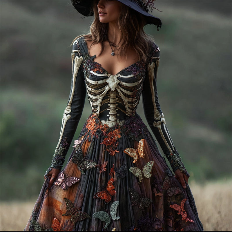 Halloween Skeleton Colorful Butterflies Linen Maxi Dress