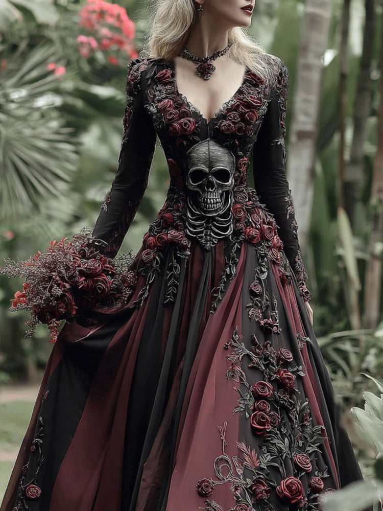 Vintage Skull Skeleton And Red Roses Flowy Linen Maxi Dress