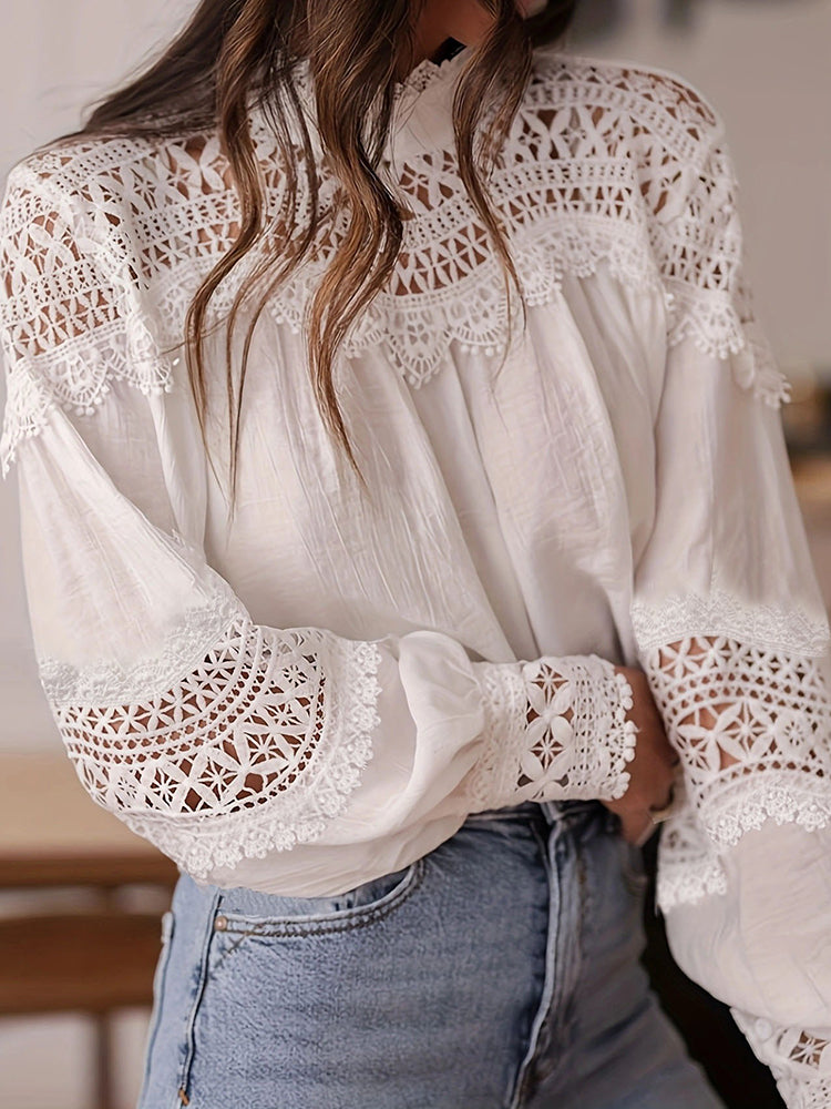 Women's Elegant Floral Lace Cotton And Linen High Collar Top