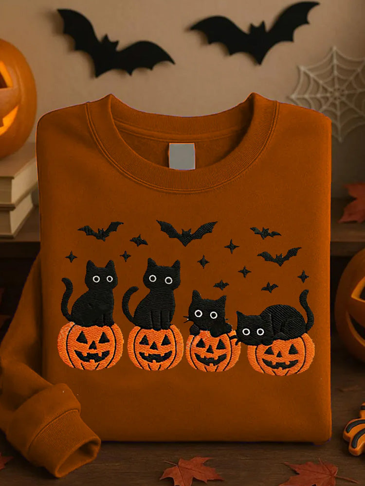 Women's Round Neck Halloween Black Cat Pumpkin Embroidery Loose Long Sleeve Sweatshirt