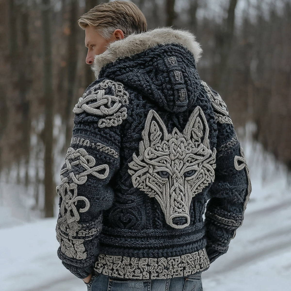 Men's Retro Viking Wolf Jacquard Hooded Knit Sweater Jacket