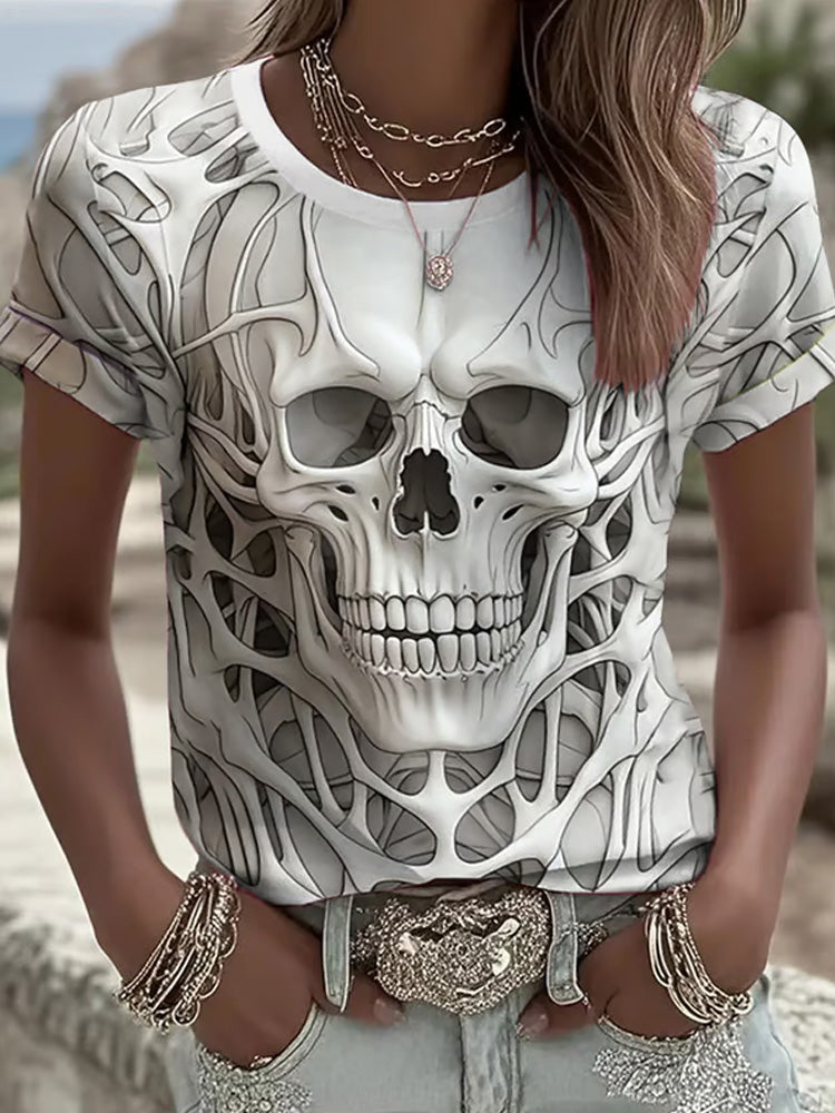 Women's Halloween Skull Print Crew Neck T-shirt