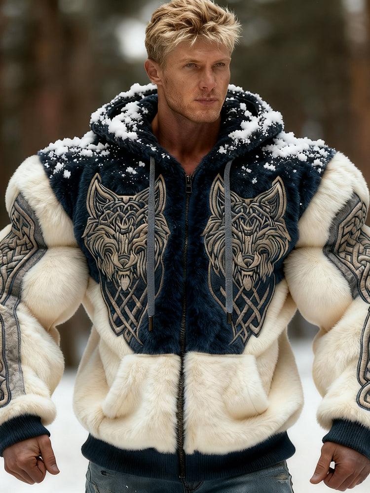 Men's Viking Wolf Style Celtic Art Cozy Flannel Zip-up Hoodie