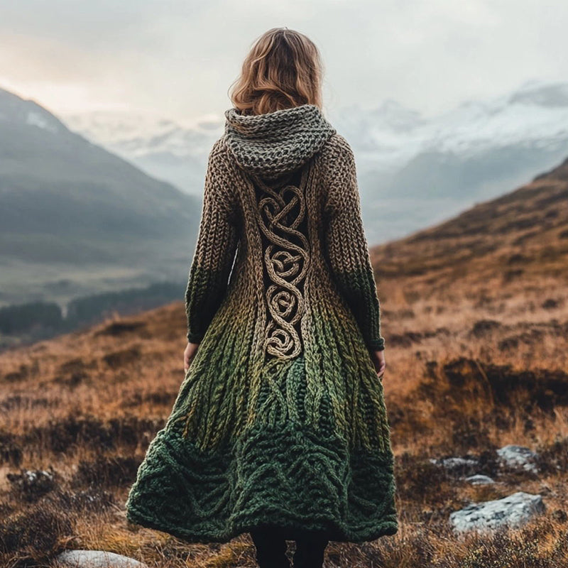 Women's Vintage Contrast Color Celtic Knot Chunky Knit Hooded Cardigan