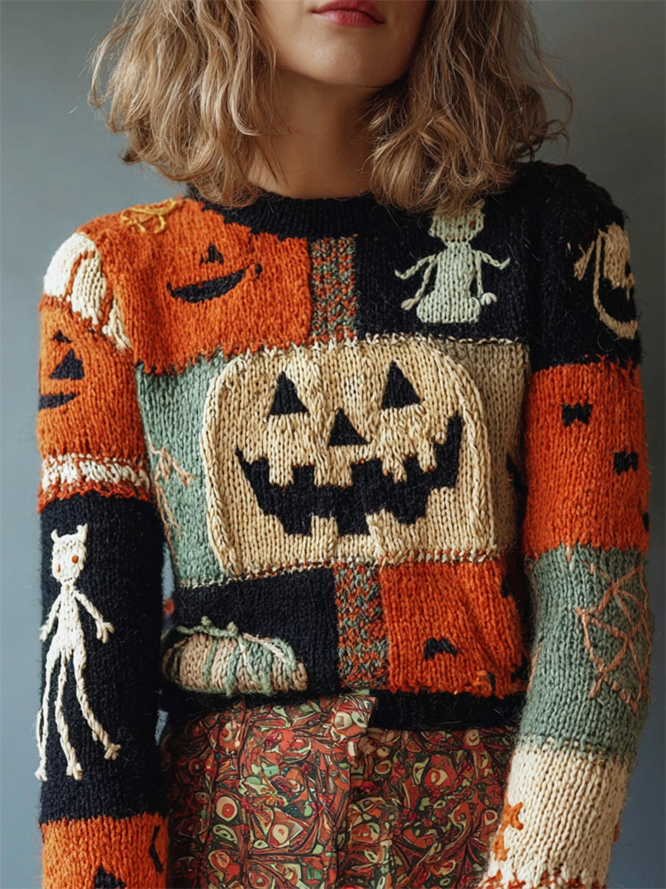 Vintage Halloween Pumpkin Colorblock Cozy Knit Sweater