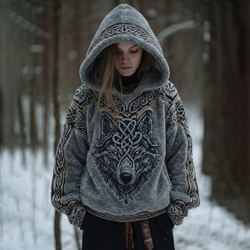 Women's Retro Viking Wolf Art Casual Flannel Hoodie