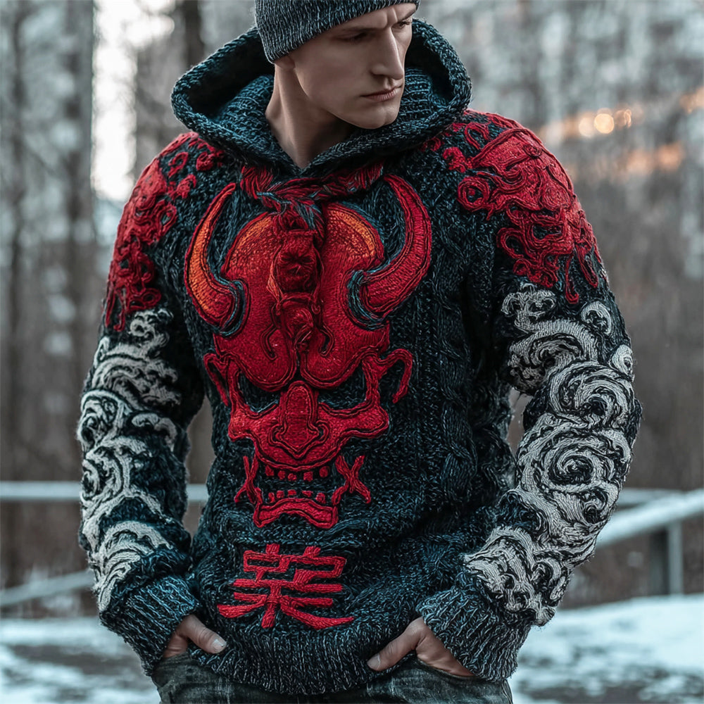 Halloween Japanese Ghost Art Men's Chunky Knit Hooded Sweater