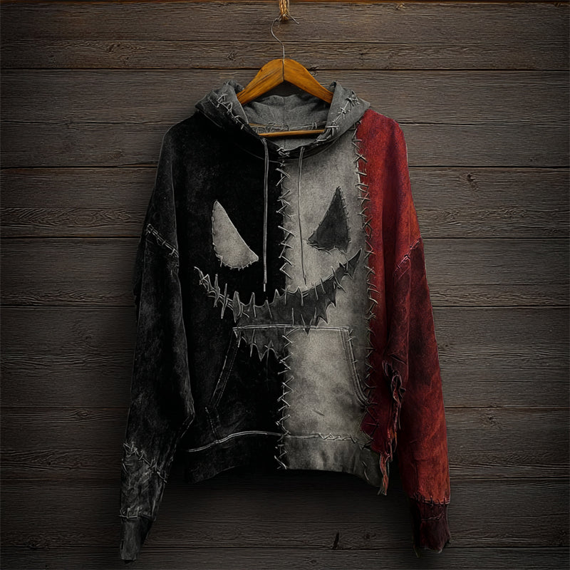 Halloween Spooky Face Contrast Colorblock Patchwork Hoodie
