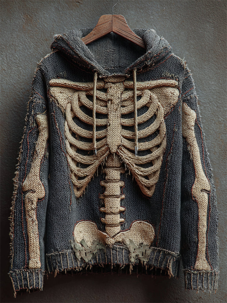 Halloween Skeleton Vintage Distressed Cozy Knit Hooded Sweater