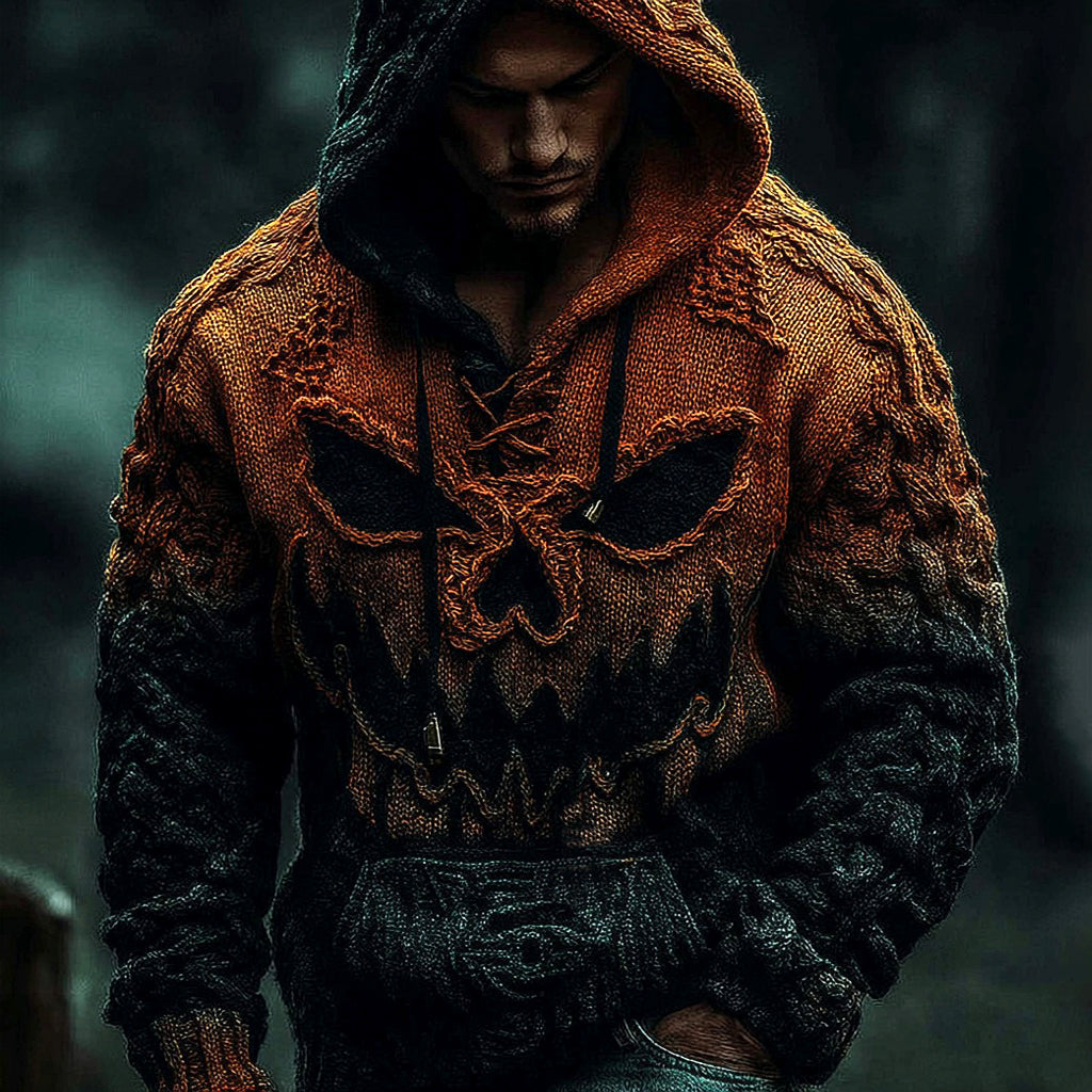 Men's Halloween Pumpkin Face Gradient Jacquard Knit Hooded Sweater