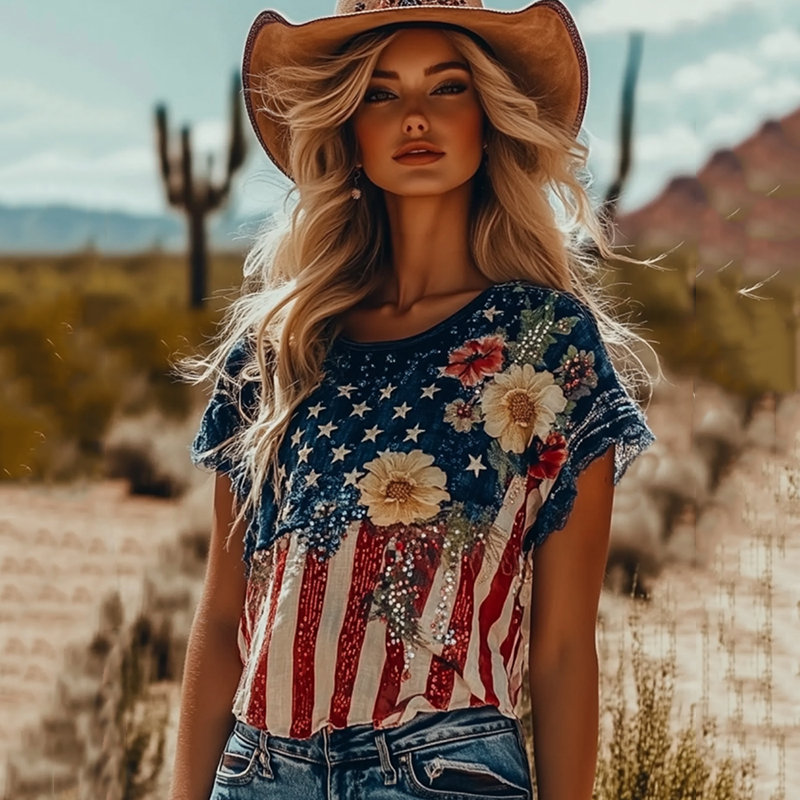 Women's Independence Day Floral Art Design Crew Neck T-shirt