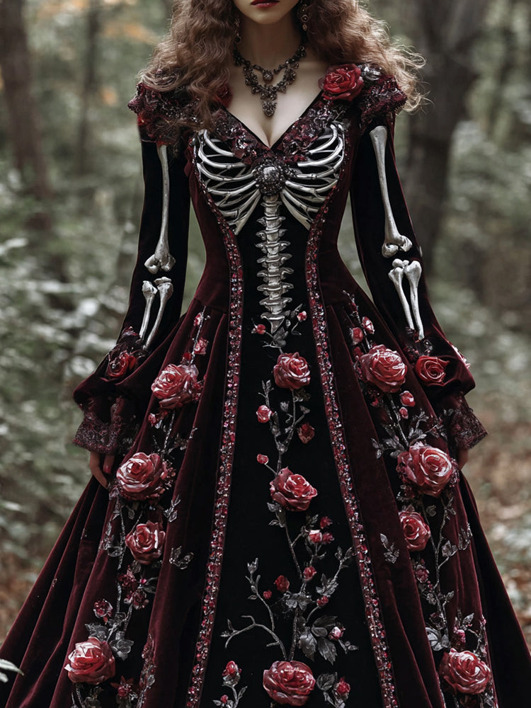 Classic Skeleton Bones With Roses Flowy Velvet Maxi Dress