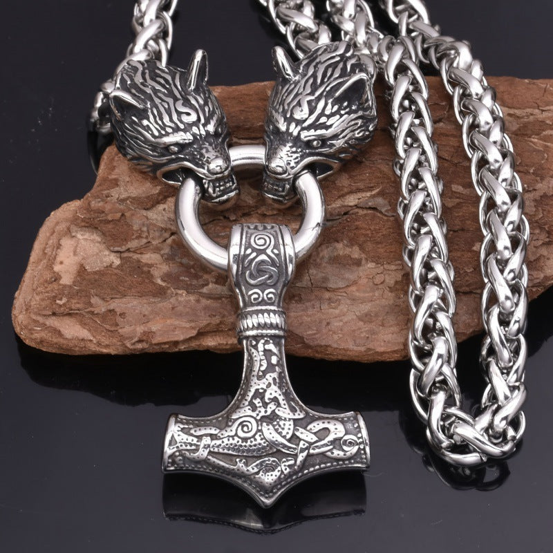 Viking Wolf Head Thor's Hammer Pendant Necklace