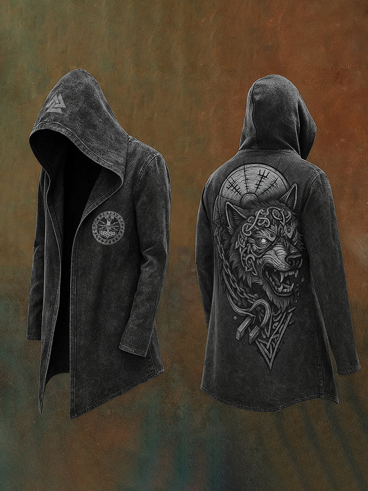 Men's Viking Nordic Wolf Totem Art Design Streetwear Hooded Jacket