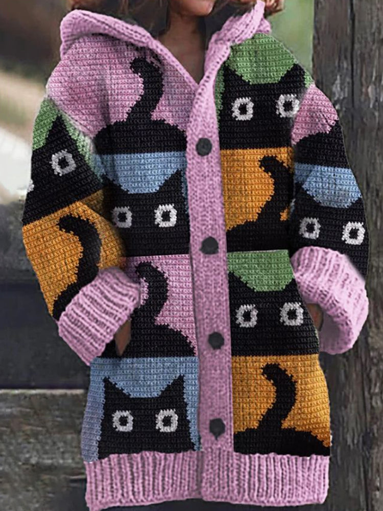 Vintage Cute Black Cats Pattern Cozy Hooded Cardigan