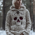Men Halloween Red Eyed Skull With Antique Embroidery Hooded Sweater