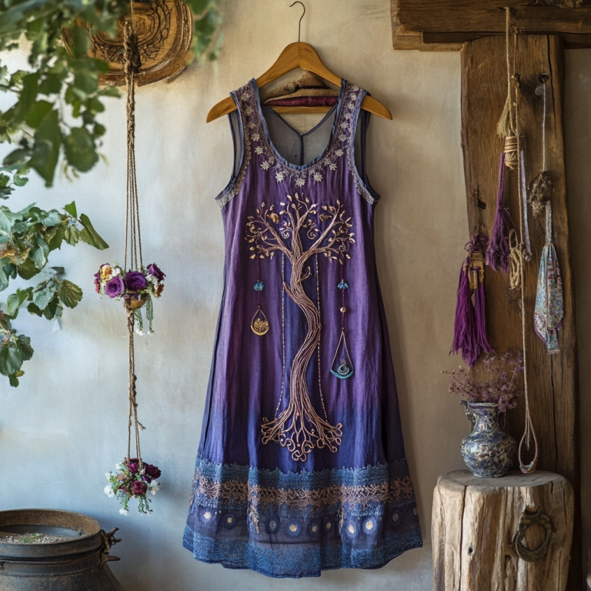 Vintage Viking Tribal Celtic Knot Life Of Tree Lace Patchwork Art Linen Tank Dress