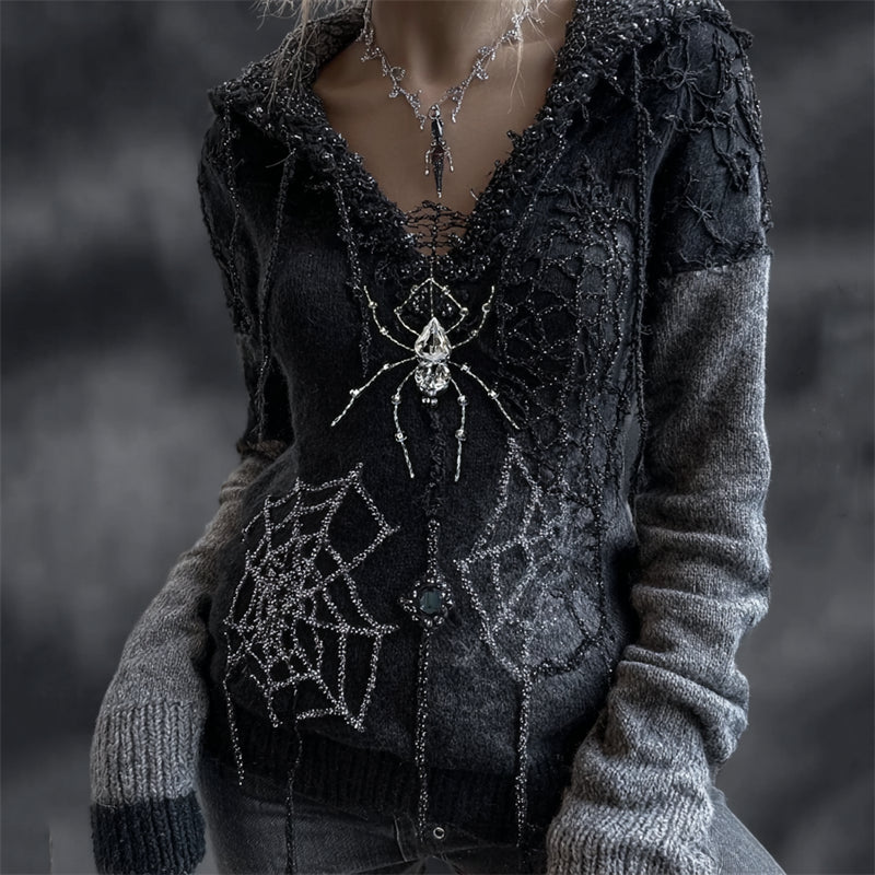 Halloween Spider & Spiderweb Glitter Diamonds Cozy Knit Hooded Sweater