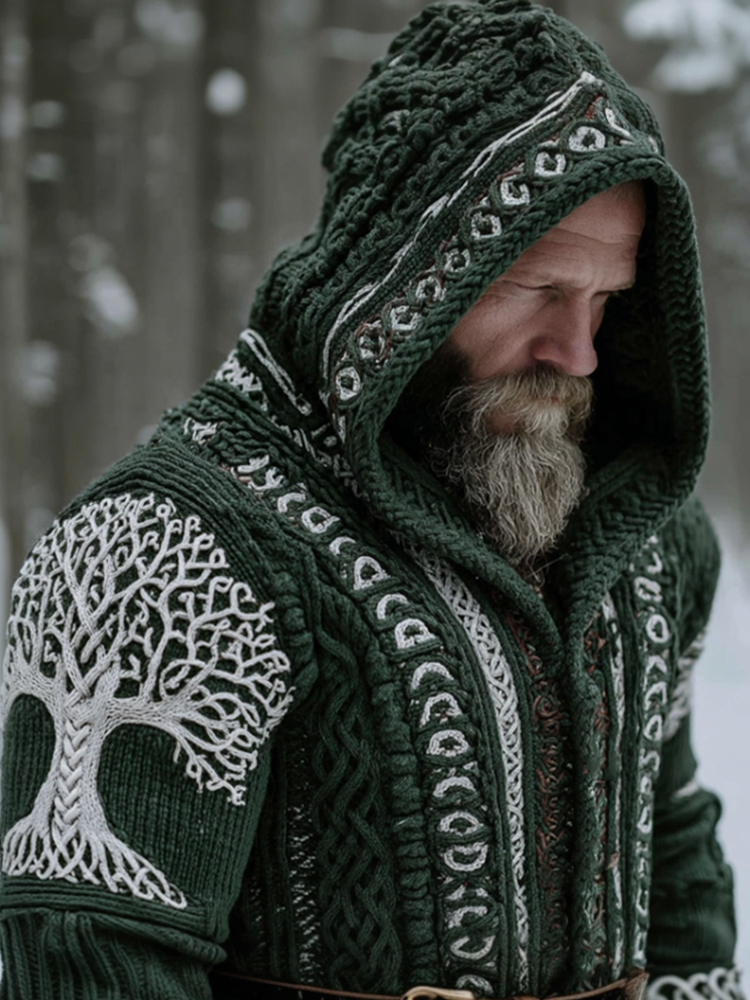 Viking Retro Style Men's Winter Warm Hooded Knit Sweater Cardigan Jacket