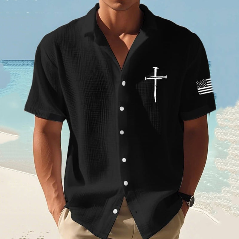 Men's Faith Cross Print Short Sleeve Linen Shirt