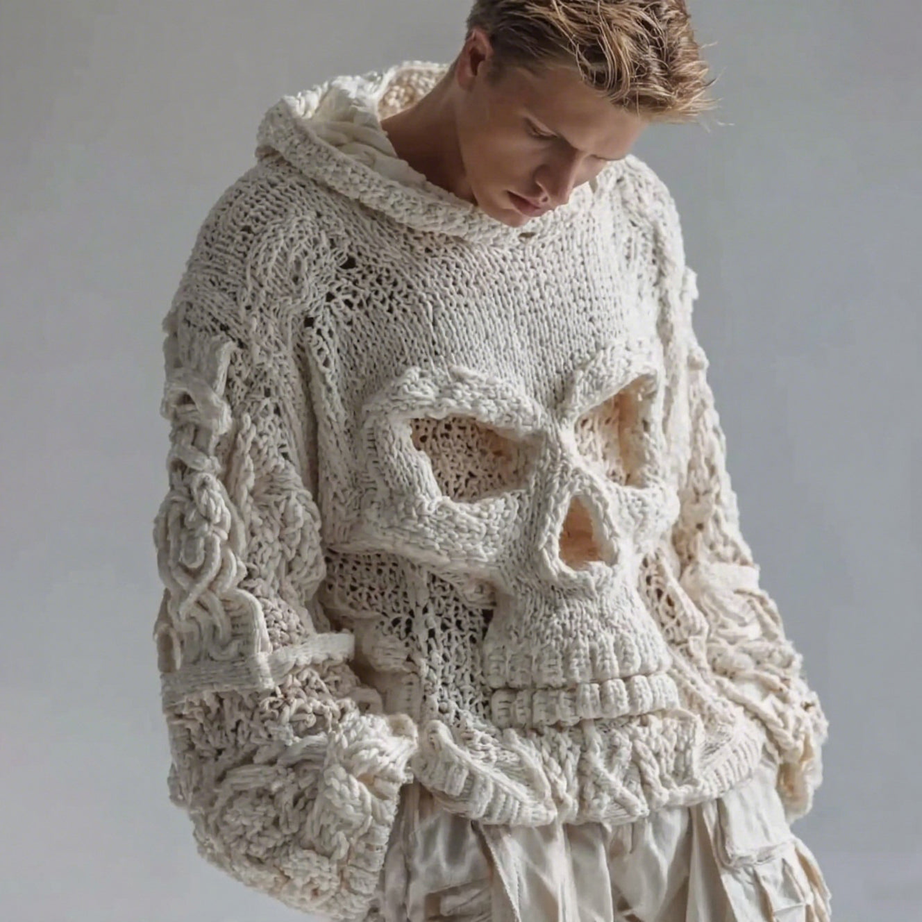 Men's Skull Pattern Cozy Knit Hooded Sweater