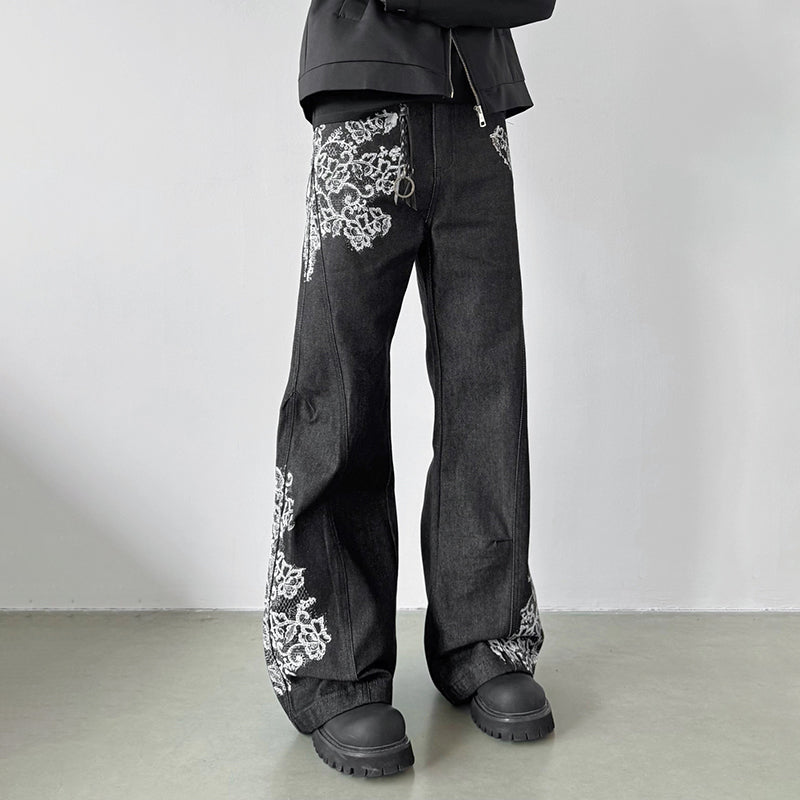 Vintage High-street Printed Lace Textured Straight-leg Flared Jeans