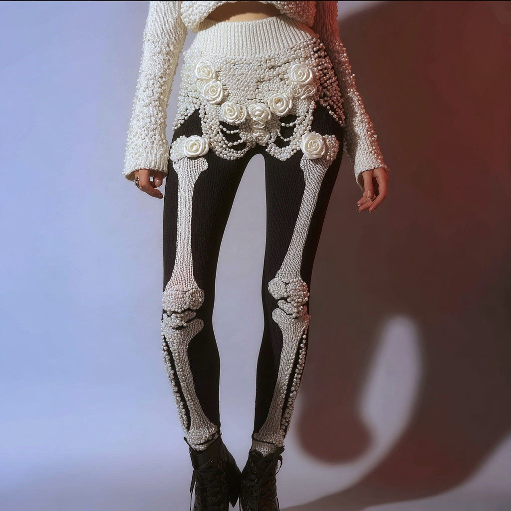 Vintage Skeleton Roses Contrast Color Cozy Knit Leggings