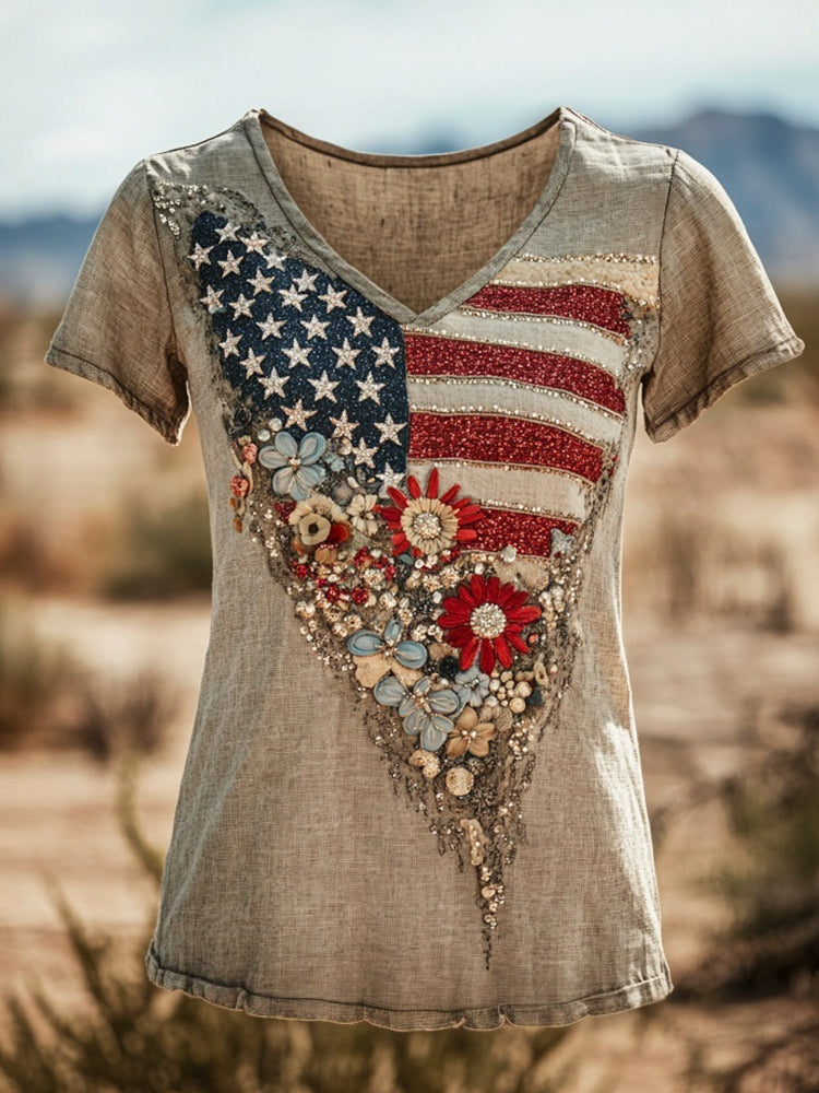 Independence Day Flag & Sequins Floral Embroidery Women's Linen V-neck T-shirt