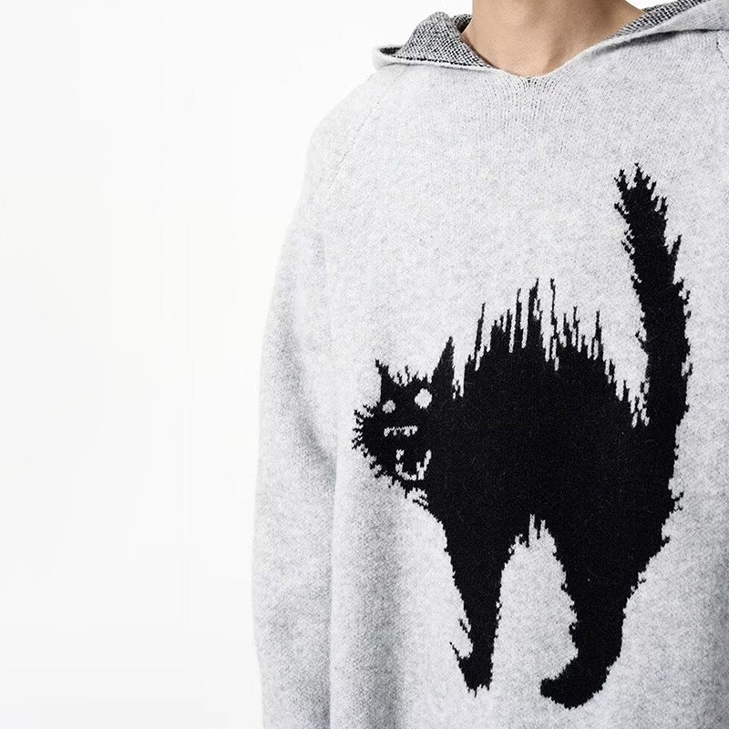 Unisex Scaring Black Cat Jacquard Art Knit Cozy Unisex Hooded Sweater