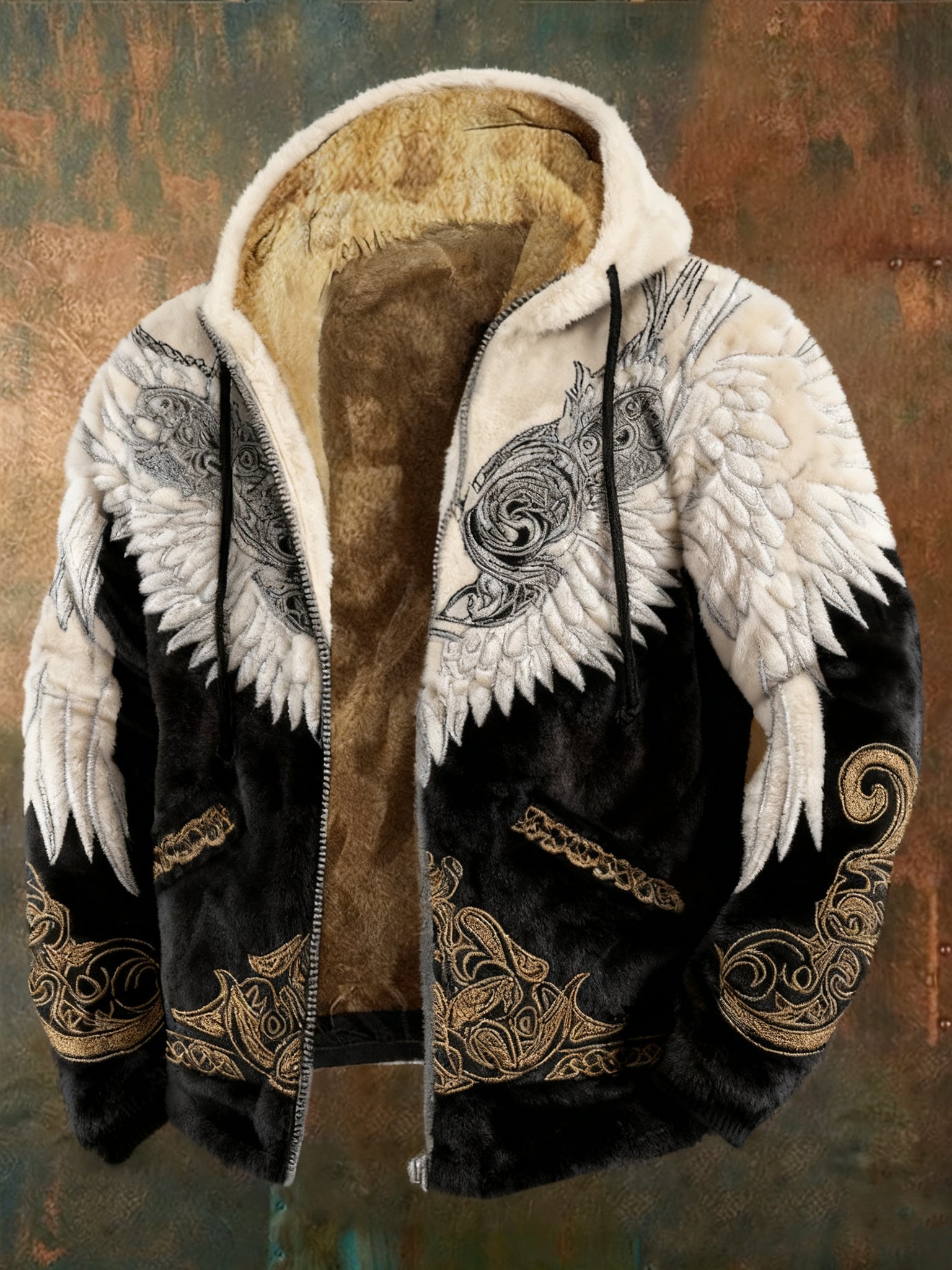 Men's Retro Celtic Knot Wings Color Block Pattern Plush Zip-up Jacket